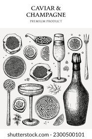 Caviar and champagne vintage design. Hand drawn menu template with red caviar canape, canned black caviar, sparkling wine bottle, glasses sketches. Seafood background in retro style