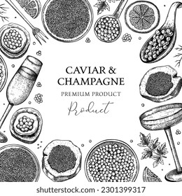 Caviar and champagne vintage frame. Hand drawn red caviar canape, canned black caviar, sparkling wine glasses sketches. Seafood background for invitations or flyers