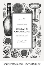 Caviar and champagne vintage illustration. Hand drawn frame with red caviar canape, canned black caviar, sparkling wine bottle, glasses sketches. Seafood background for menu, banner, label, prints.