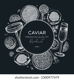 Caviar and champagne wreath design on chalkboard. Hand drawn menu template with red caviar canape, canned black caviar, sparkling wine bottle, glasses sketches. Seafood vintage background