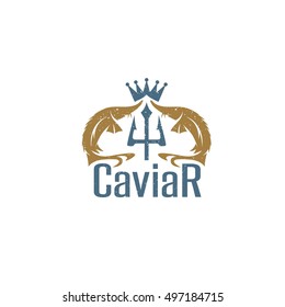 caviar grunge vector emblem with sturgeons , crown and trident