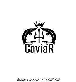 caviar grunge vector emblem with sturgeons , crown and trident