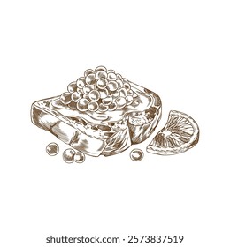 Caviar heap on buttered bread with lemon slice engraved hand drawn vector illustration. Sea food, natural delicacy product, healthy appetizer, snack sketch. Fresh roe Salmon or trout fish