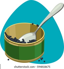 Caviar leftovers in open tin with spoon. Isolated. On blue background.