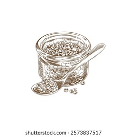 Caviar on spoon and in glass jar vector engraved hand drawn illustration. Sea food, healthy natural delicacy product isolated ink sketch. Fresh roe heap from salmon or trout, sturgeon or beluga fish