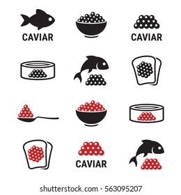 Caviar, roe, fish eggs icons set. Black and red on a white background