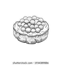 Caviar sandwich. Etching sketch caviar canapé. Red salmon fish eggs with bread piece. Vector luxury salted snack. Hand drawn line sandwich design. Black cartoon engraved drawing of sea food 