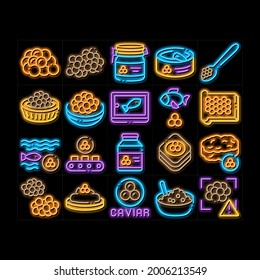 Caviar Seafood Product neon light sign vector. Glowing bright icon  Fish Eggs, Caviar In Metallic Container, On Sandwich With Butter And Spoon Illustrations