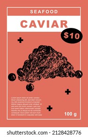 Caviar. Set of posters of fishes and seafood in a abstract draw design. Label or poster, price tag. Simple, flat design. Patterns and backgrounds. Perfect for poster, cover, banner.