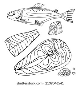 Ilustración del boceto caviar. Dibujo de caviar de salmón. Comida de pescado vectorial vintage. Huevo de pez rojo negro en diseño de doodle dibujado a mano. 
