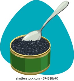 Caviar with spoon. Black fish roe. Isolated. On blue background.