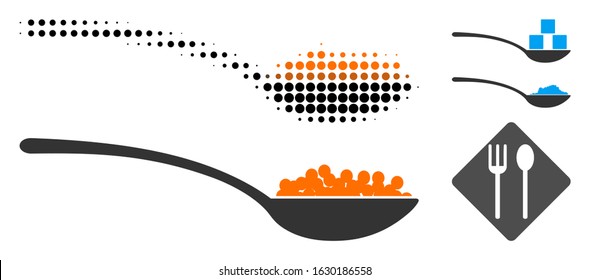 Caviar spoon halftone vector icon and solid version. Illustration style is dotted iconic Caviar spoon icon symbol on a white background. Halftone matrix is round blots. Some bonus icons.