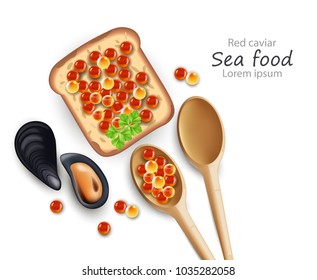 Caviar toast and wooden spoons Vector realistic. 3d illustrations