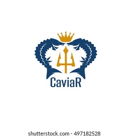 caviar vector emblem with sturgeons , crown and trident
