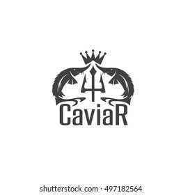 caviar vector emblem with sturgeons , crown and trident