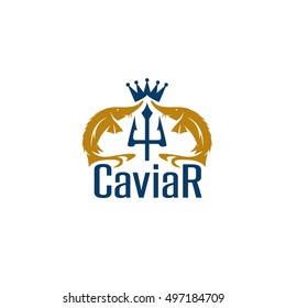 caviar vector emblem with sturgeons , crown and trident