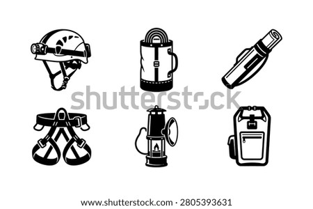 Caving and climbing equipment vector icons for use in adventure and outdoor activity designs This graphic collection highlights essential exploration gear