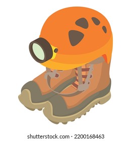 Caving equipment icon isometric vector. Caving helmet with lantern, trekking shoe. Speleological equipment, spelunking