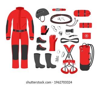 Caving equipment kit clothes. speleological accessory vector illustration