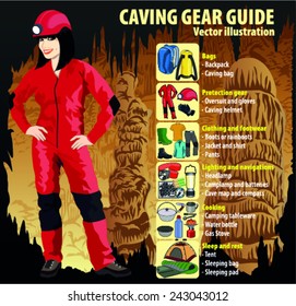 Caving gear guide infographic vector illustration