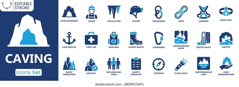 Caving icon set. Containing cave entrance, caver, stalactites, cave rescue, geology, exploration team and more. Solid vector icons collection
