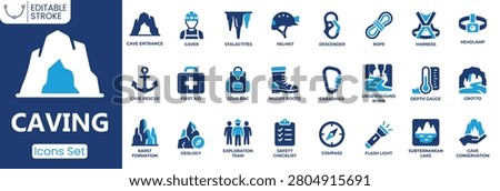 Caving icon set. Containing cave entrance, caver, stalactites, cave rescue, geology, exploration team and more. Solid vector icons collection