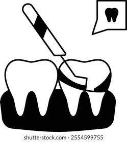 Cavities or tooth decay concept, Removing calculus tartar vector outline design, Odontology symbol, manual dexterity sign Dentist tools stock, rough and hardened surface formed on teeth illustration