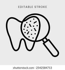 Cavity icon vector. Dental teeth with plaque and magnifying glass symbol outline icon. Editable stroke