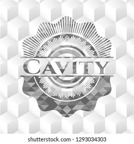 Cavity retro style grey emblem with geometric cube white background