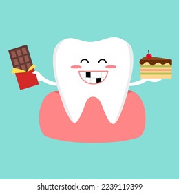 Cavity tooth cartoon with cake and chocolate sweet food that damage teeth in flat design. Dental care. Dental illness. Oral hygiene concept.