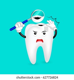  Cavity tooth character with mouth mirror. Dental care concept, illustration.