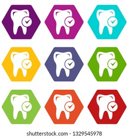 Cavity tooth icons 9 set coloful isolated on white for web