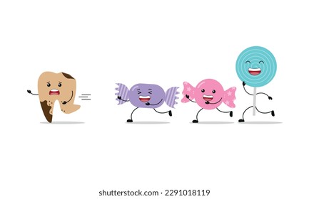 Cavity tooth run away from sweets candy illustration cartoon character vector design on white background. Dental care concept.