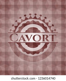 Cavort red emblem or badge with abstract geometric polygonal pattern background. Seamless.