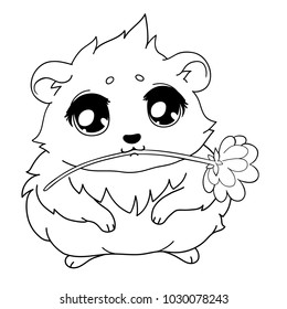 Cavy with a flower - emoticons icon gift, gift emoji. Cartoon guinea pig, line drawing, emoticon with gift, isolated on transparent background 