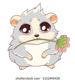 Cavy with a flower - emoticons icon gift, gift emoji. Cartoon guinea pig, color drawing, emoticon with gift, isolated on transparent background