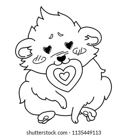 Cavy with hearts in the eyes sits with a card in the mouth - emoji love. Cartoon guinea pig, line drawing, In love emoticon,  isolated on transparent background 