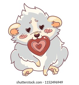 Cavy with hearts in the eyes sits with a card in the mouth - emoji love. Cartoon guinea pig, color drawing, In love emoticon,  isolated on transparent background 