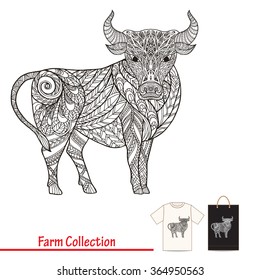 Caw. Farm animals collection. This illustration can be used as a greeting card or as a print on T-shirts and bags. Decorative, in zentangle style. Vector illustration.