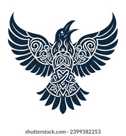 Cawing black crows, in a circle of Scandinavian runes, carved into stone, isolated on black, vector illustration
