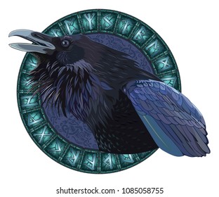 Cawing black crows, in a circle of shining Scandinavian runes, carved into stone, isolated on white, vector illustration