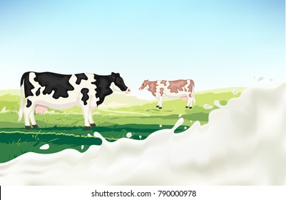 Caws Standing at Green Farm. Milk Splash. Vector EPS