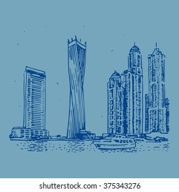 Cayan Tower, known as Infinity Tower. Modern buildings in Dubai Marina, Dubai, UAE. Vector hand drawn sketch.
