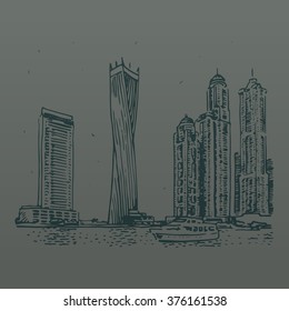 Cayan Tower, known as Infinity Tower. Modern buildings in Dubai Marina, Dubai, UAE. Vector hand drawn sketch.
