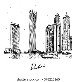 Cayan Tower, known as Infinity Tower. Modern buildings in Dubai Marina, Dubai, UAE. Vector hand drawn sketch.