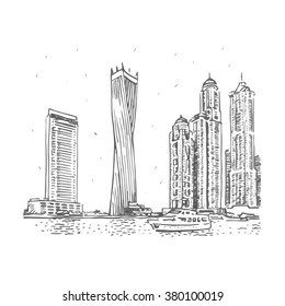 Cayan Tower, known as Infinity Tower. Modern buildings in Dubai Marina, Dubai, UAE. Vector hand drawn sketch.