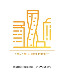 Cayan twisted tower gradient linear vector icon. Arabic luxury vacation resort. Exclusive travel attractions. Thin line color symbol. Modern style pictogram. Vector isolated outline drawing