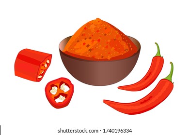 Cayenne pepper isolated on white background. Red hot chili pepper pod and bowl with powder. Culinary design elements. Spicy seasoning. Powder of spicy condiment. Organic natural plant. Stock vector svg