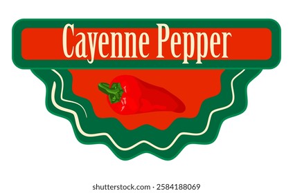 Cayenne pepper logo sticker. Classic label with red cayenne peppers on red background. Ready design for packaging tag. Seasonal badge for your product.