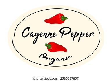 Cayenne pepper oval logo sticker. Oval label with red cayenne pepper on beige background. Ready design for packaging tag. Seasonal badge for your product.